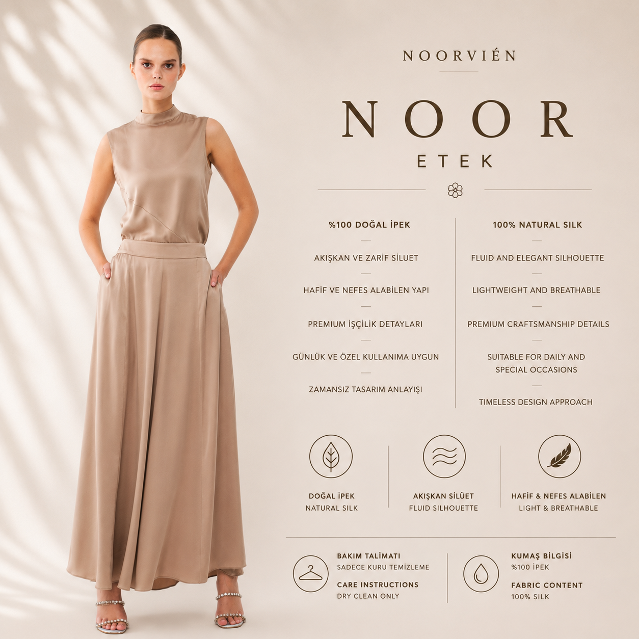 Noor Etek | %100 İpek Uzun Kadın Eteği Stone Taupe | Noorvien