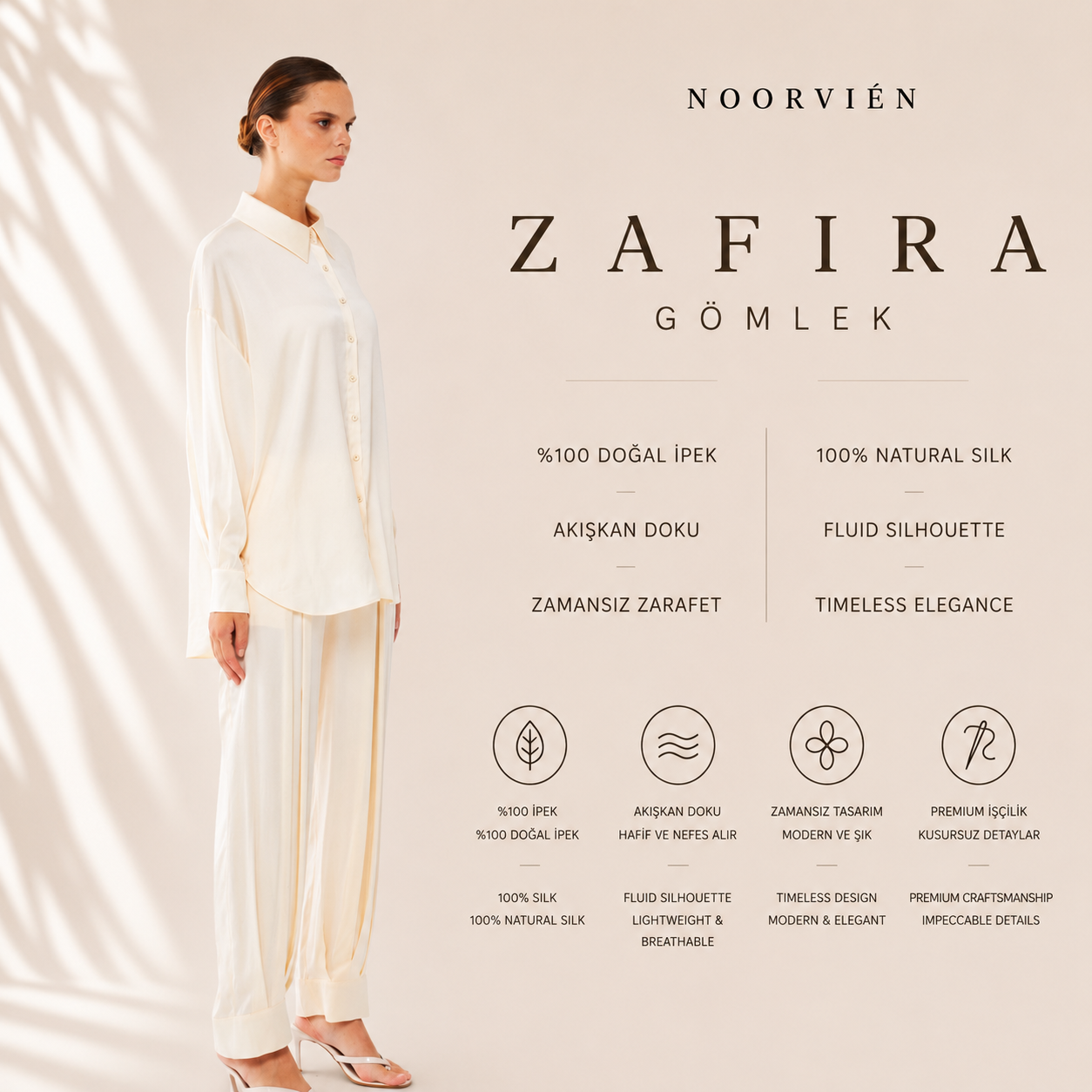 Zafira Gömlek | %100 İpek Kadın Gömlek Soft Cream | Noorvien