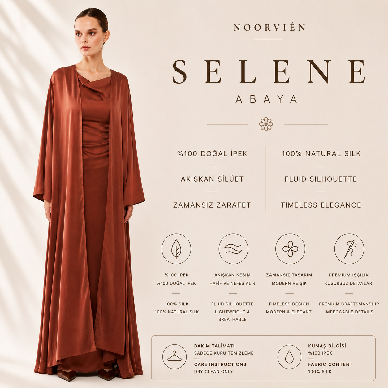 Selene Abaya | %100 İpek Lüks Kadın Abaya Mocha Brown | Noorvien