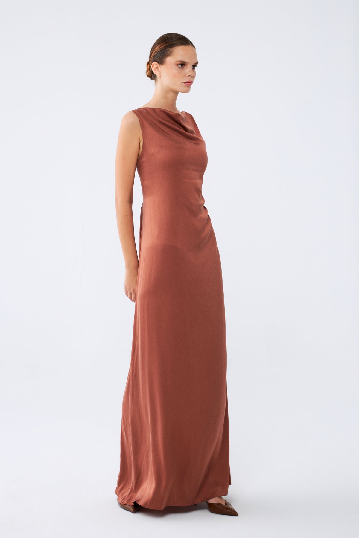 Zeline Elbise | %100 İpek Uzun Kadın Elbise Mocha Brown | Noorvien