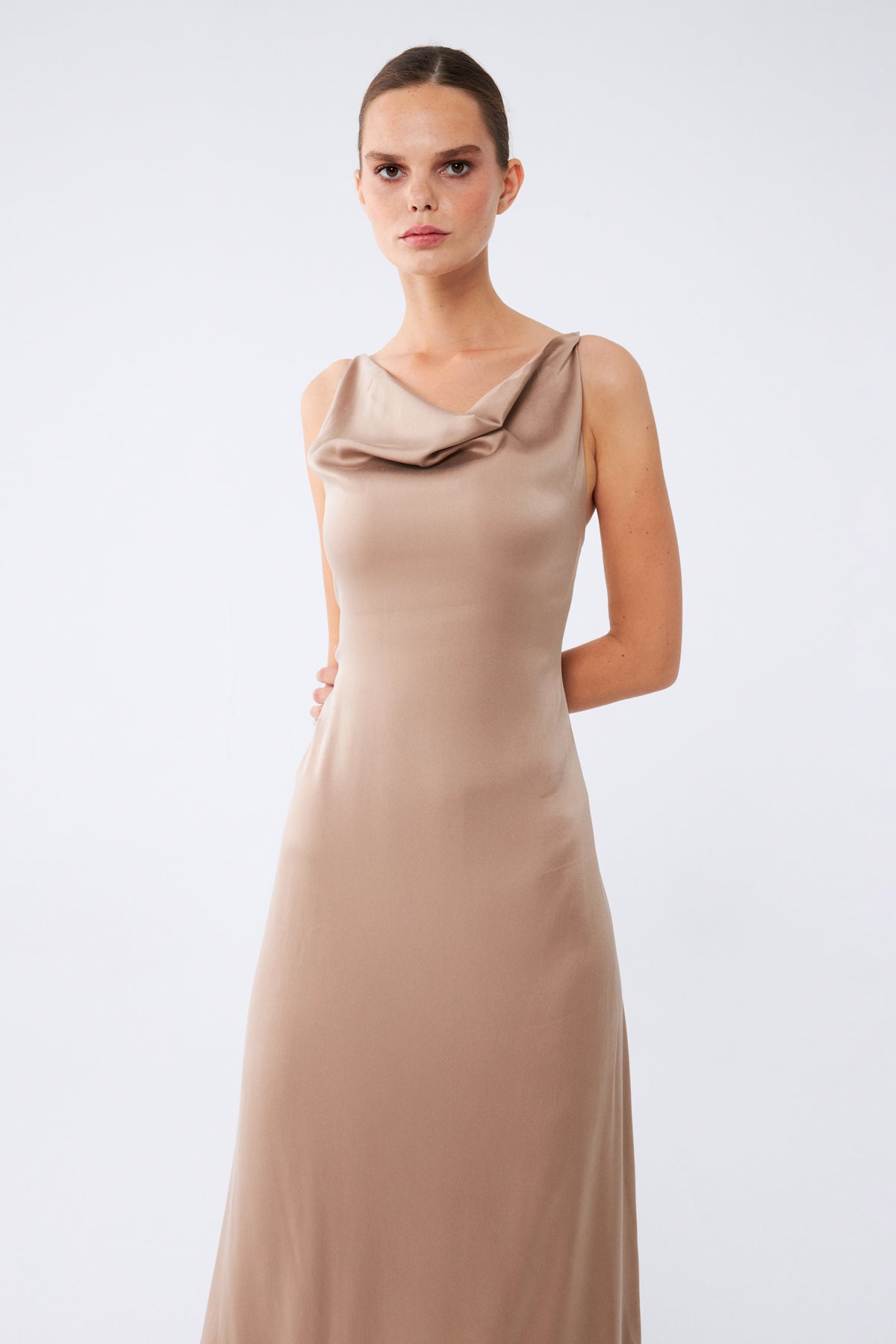 Zeline Elbise | %100 İpek Uzun Kadın Elbise Stone Taupe | Noorvien