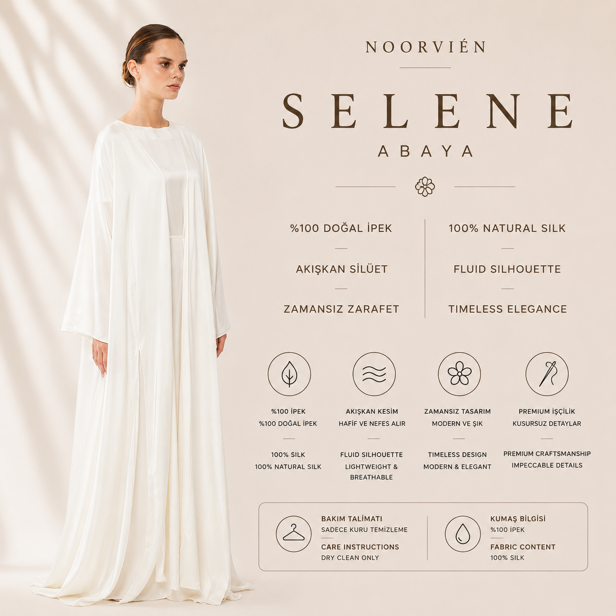Selene Abaya | %100 İpek Lüks Kadın Abaya Soft Cream | Noorvien