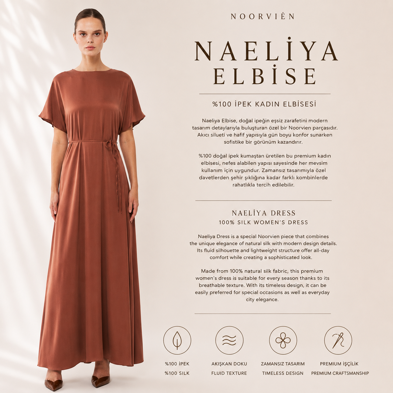Naeliya Elbise | %100 İpek Kadın Elbise Mocha Brown | Noorvien