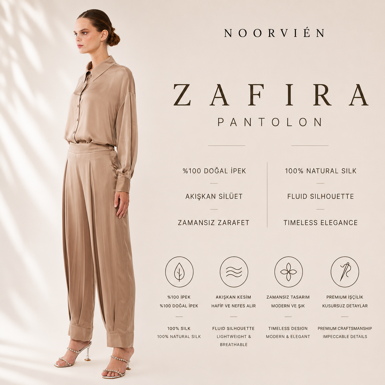 Zafira Pantolon | %100 İpek Kadın Pantolon Stone Taupe | Noorvien