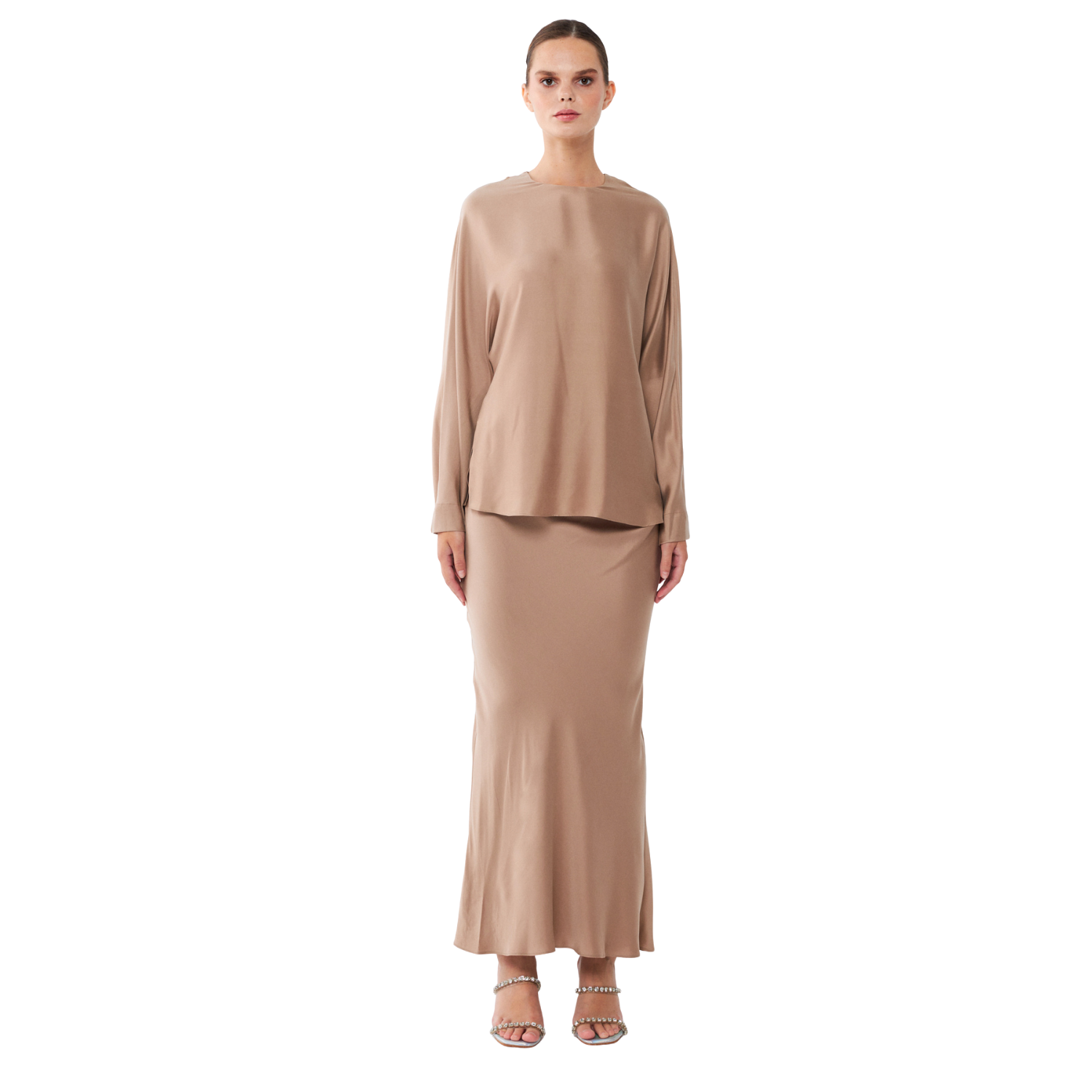 Liora Blouse – %100 İpek Yarasa Kollu Kadın Bluz Stone Taupe | Noorvien