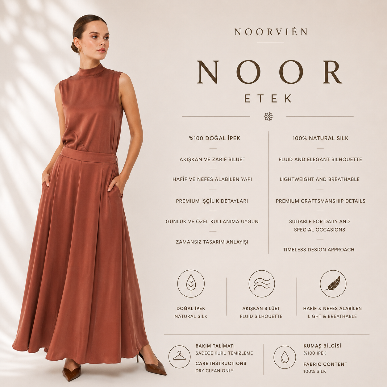 Noor Etek | %100 İpek Uzun Kadın Eteği Mocha Brown | Noorvien