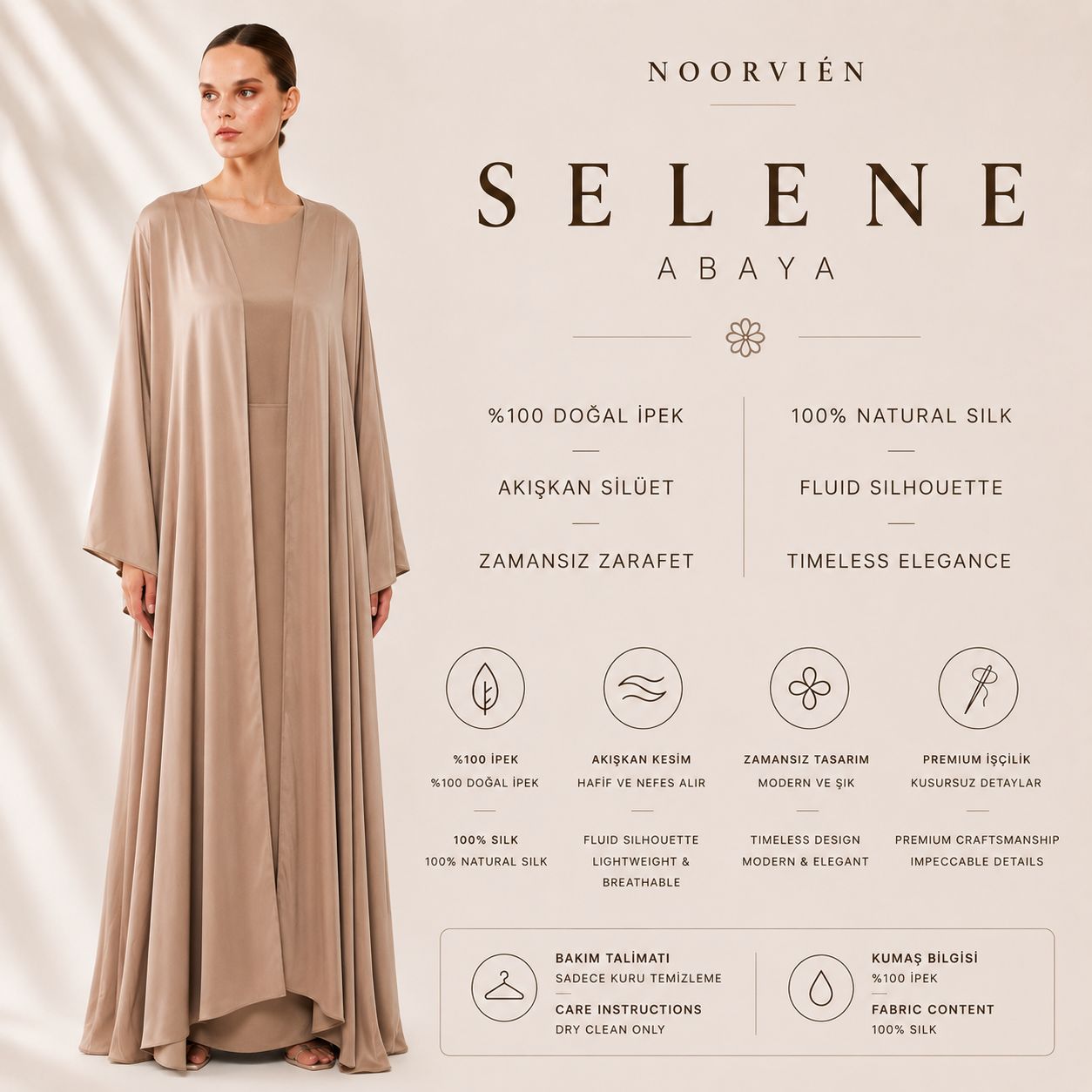 Selene Abaya | %100 İpek Lüks Kadın Abaya Stone Taupe | Noorvien
