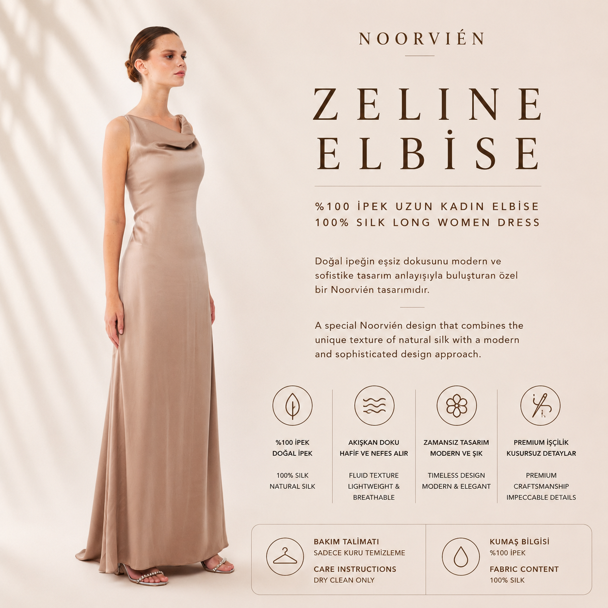 Zeline Elbise | %100 İpek Uzun Kadın Elbise Stone Taupe | Noorvien