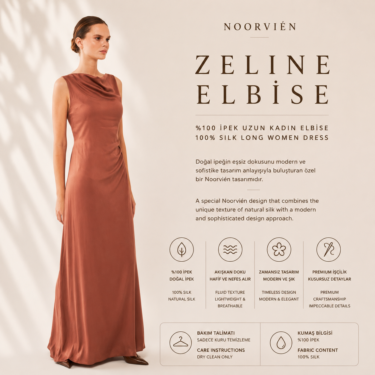 Zeline Elbise | %100 İpek Uzun Kadın Elbise Mocha Brown | Noorvien
