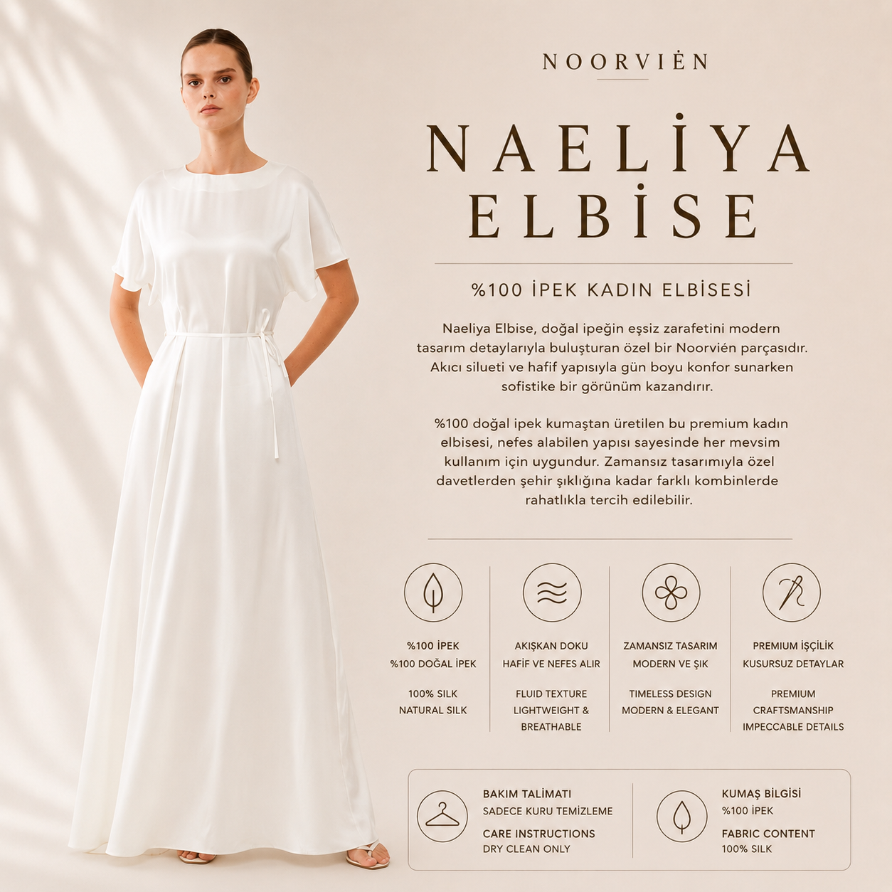 Naeliya Elbise | %100 İpek Kadın Elbise Soft Cream | Noorvien