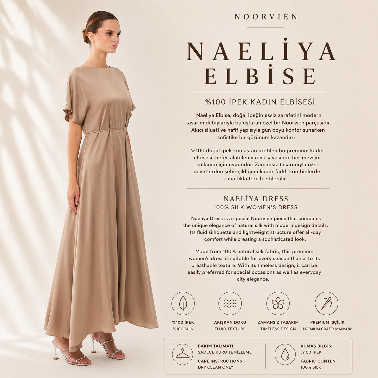 Naeliya Elbise | %100 İpek Kadın Elbise Stone Taupe | Noorvien