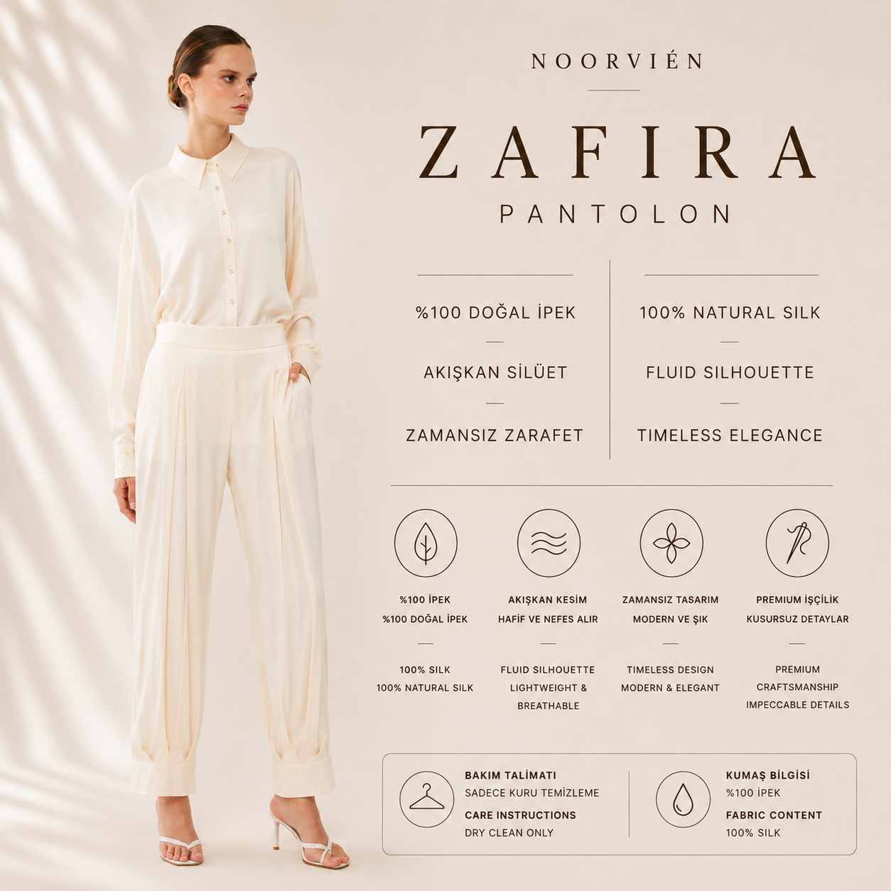 Zafira Pantolon | %100 İpek Kadın Pantolon Soft Cream | Noorvien
