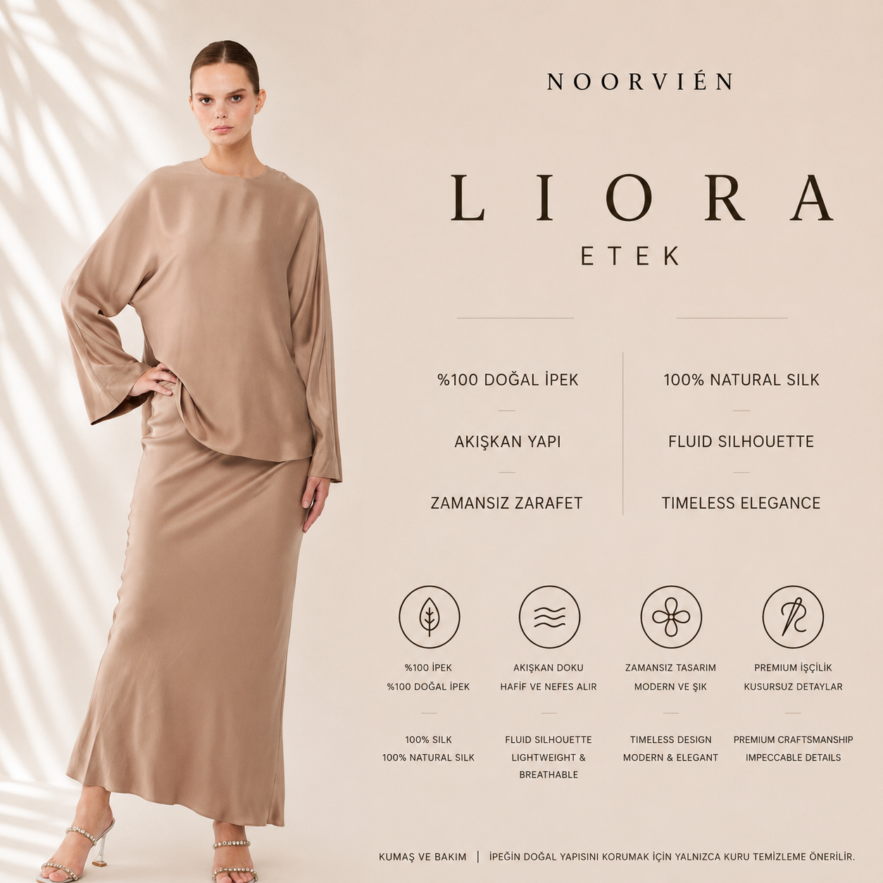 Liora Blouse – %100 İpek Yarasa Kollu Kadın Bluz Stone Taupe | Noorvien