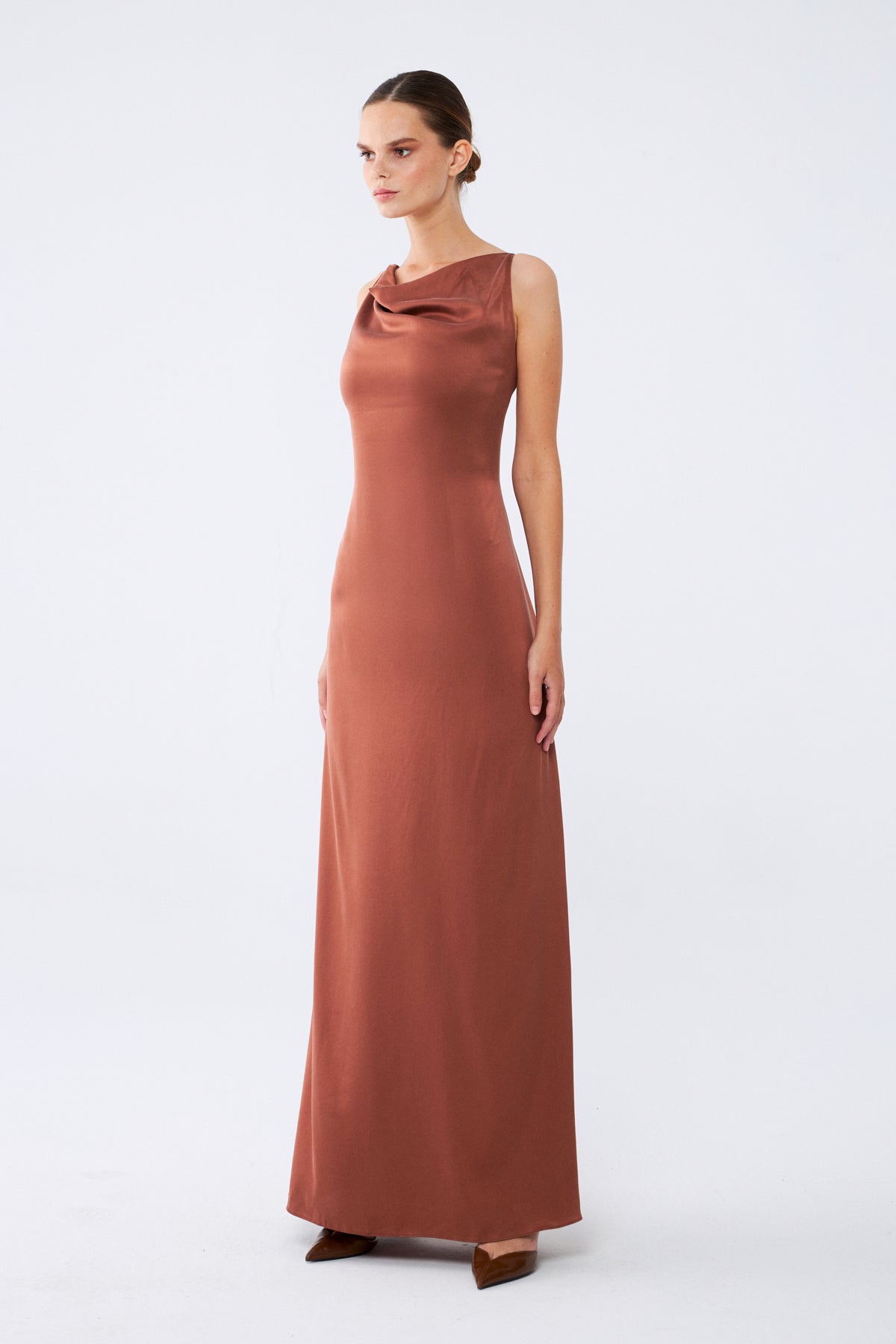 Zeline Elbise | %100 İpek Uzun Kadın Elbise Mocha Brown | Noorvien