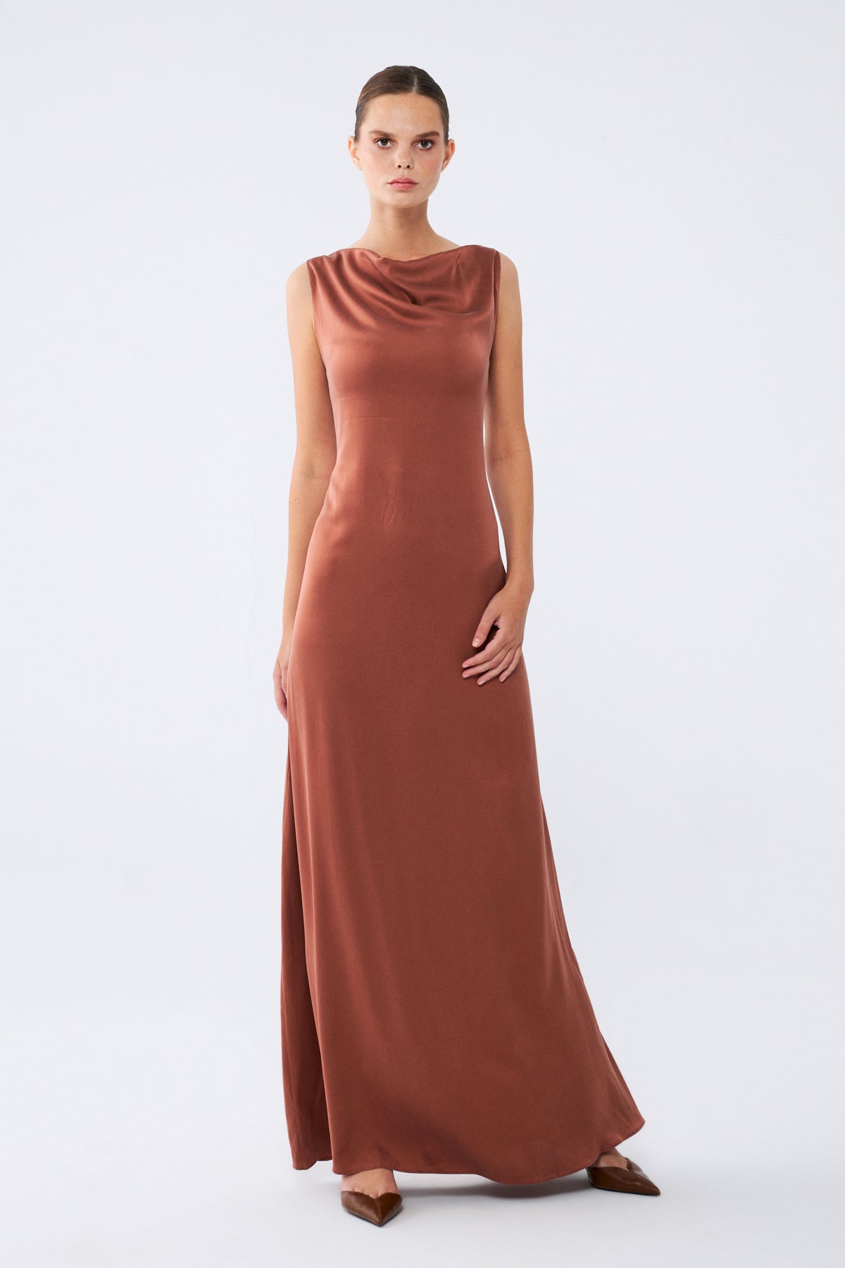 Zeline Elbise | %100 İpek Uzun Kadın Elbise Mocha Brown | Noorvien