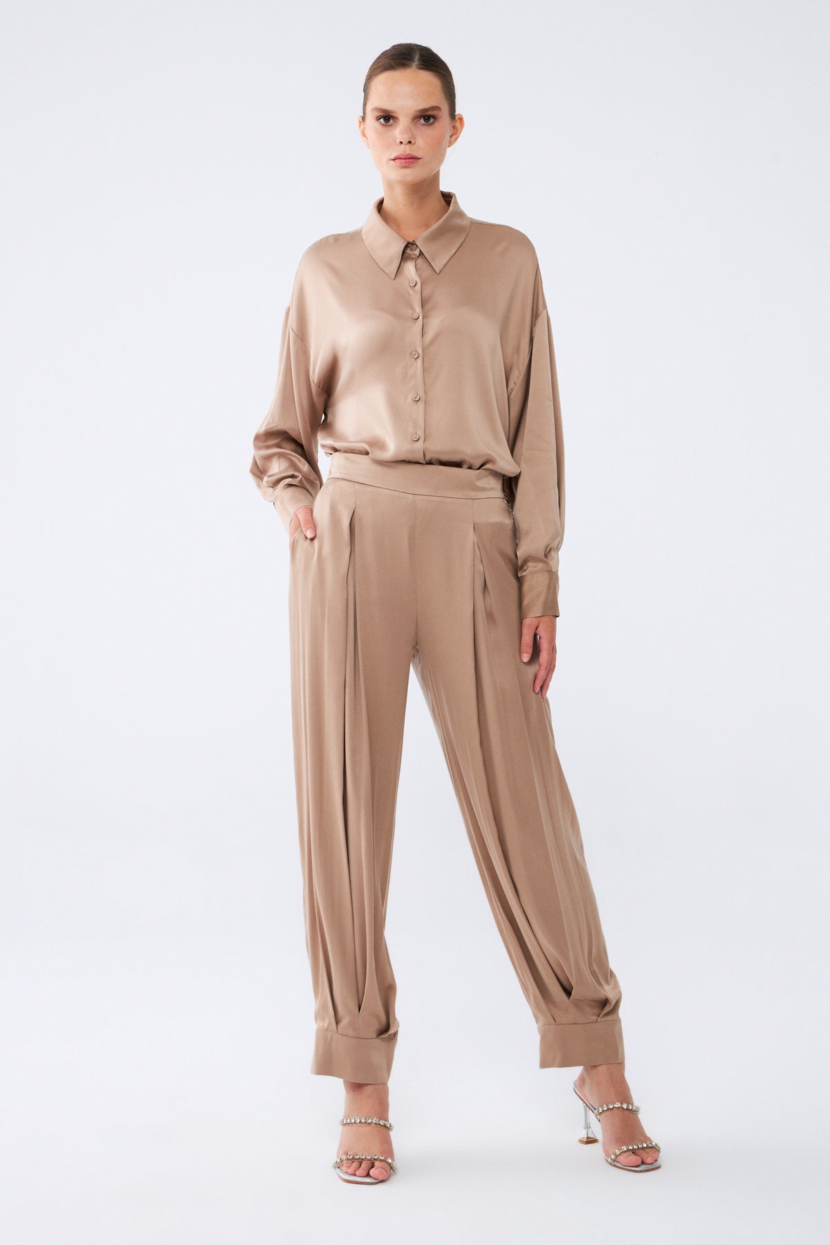 Zafira Pantolon | %100 İpek Kadın Pantolon Stone Taupe | Noorvien