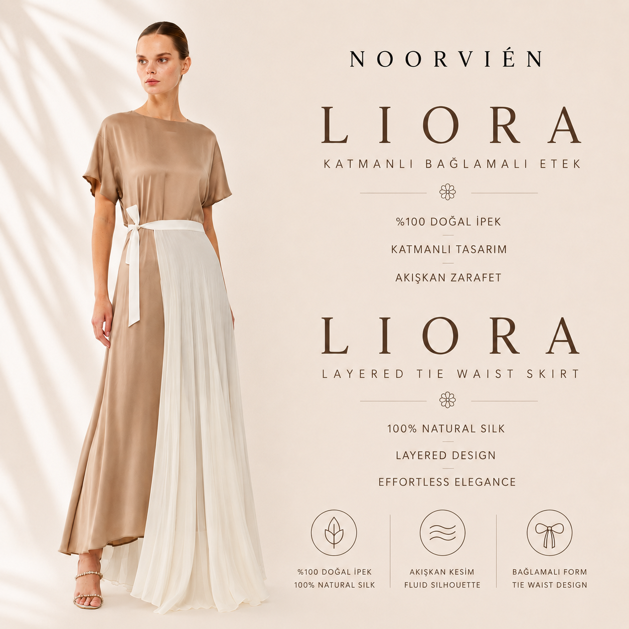 Liora Katmanlı Bağlamalı Etek | %100 İpek Kadın Eteği | Noorvien