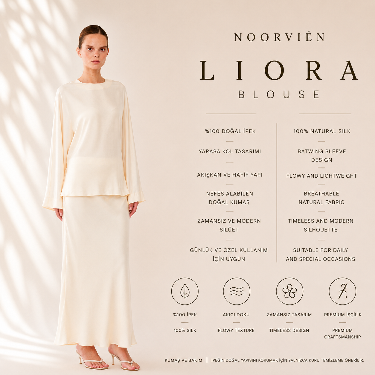 Liora Blouse – %100 İpek Yarasa Kollu Kadın Bluz Soft Cream | Noorvien