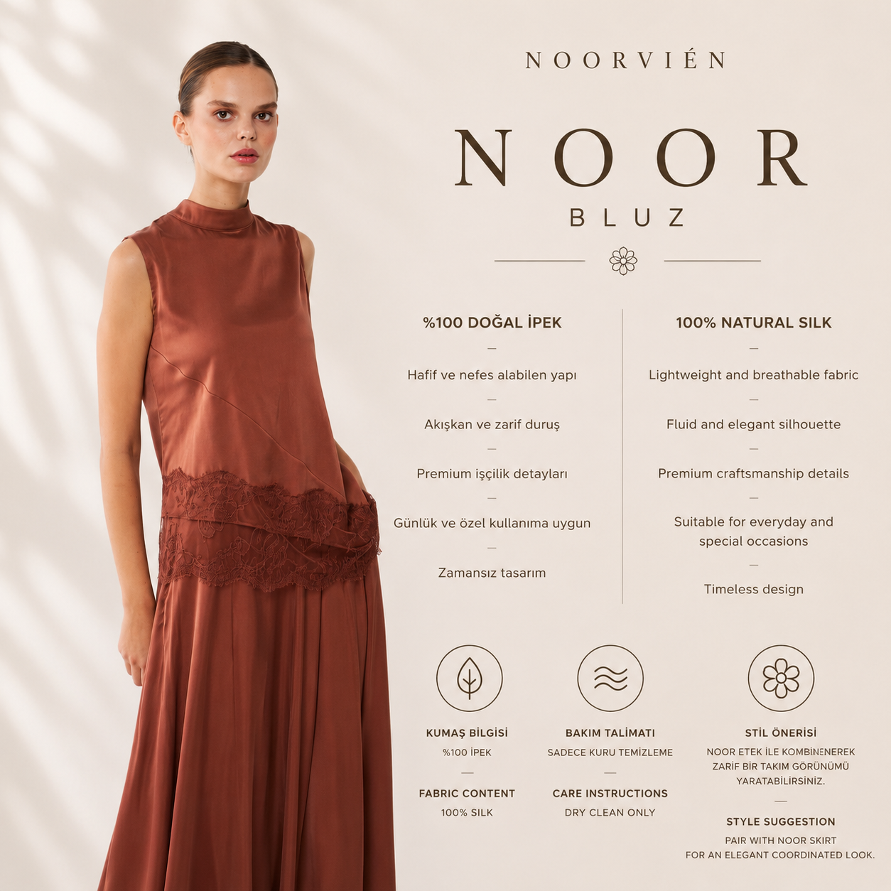 Noor Bluz | %100 İpek Kadın Bluz Mocha Brown | Noorvien