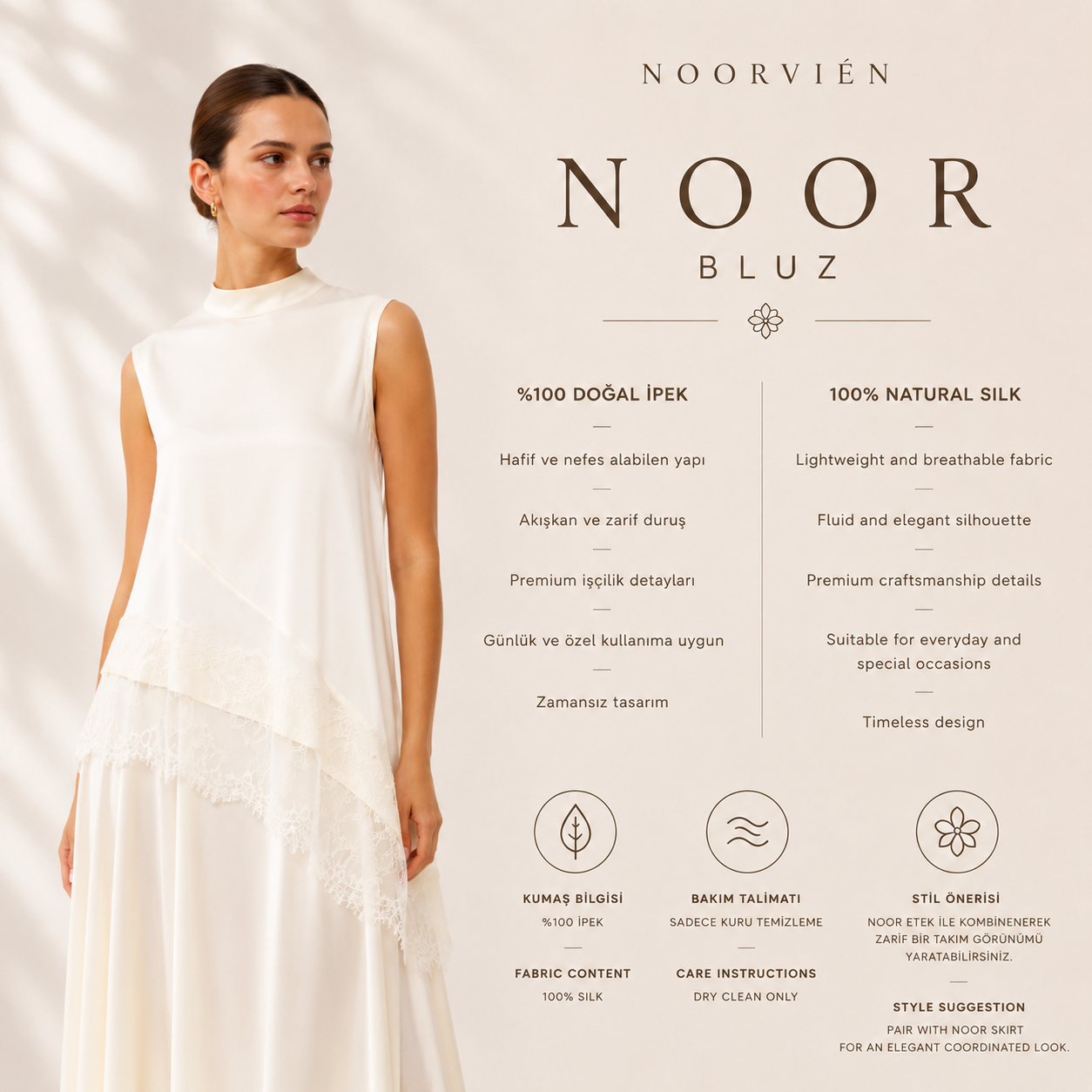 Noor Bluz | %100 İpek Kadın Bluz Soft Cream | Noorvien