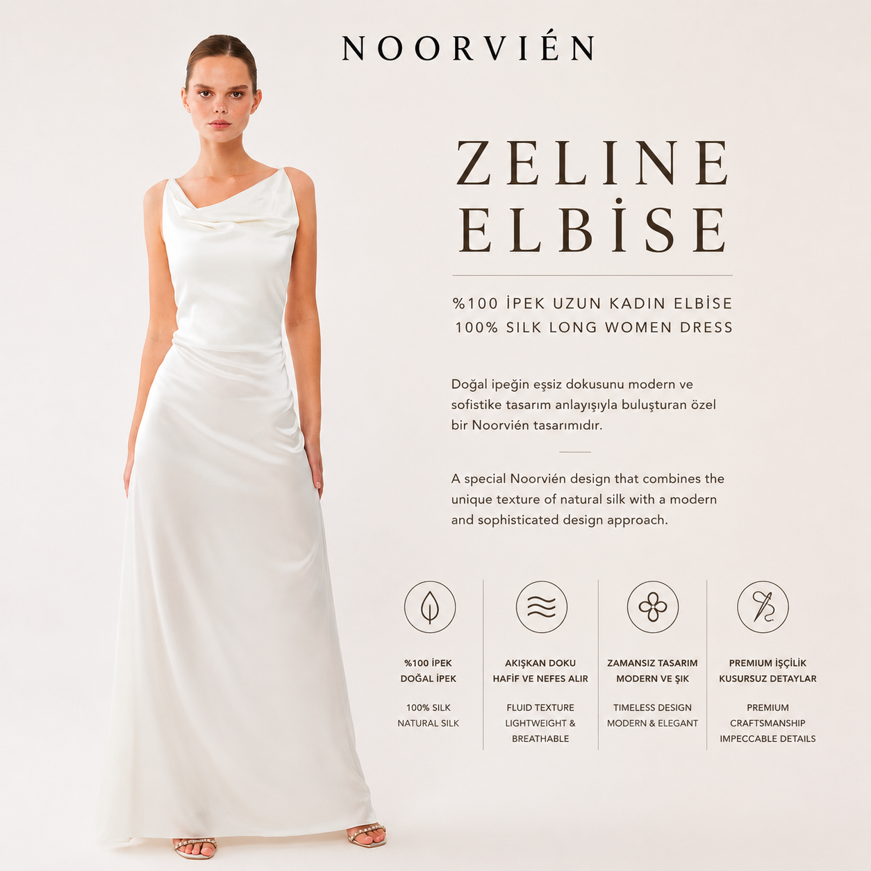 Zeline Elbise | %100 İpek Uzun Kadın Elbise Soft Cream | Noorvien