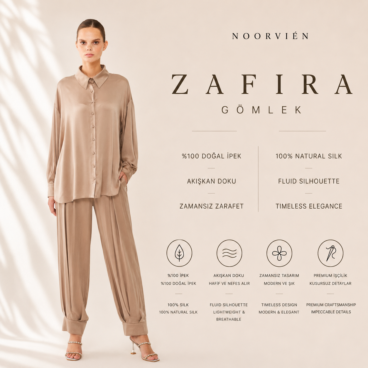 Zafira Gömlek | %100 İpek Kadın Gömlek Stone Taupe | Noorvien
